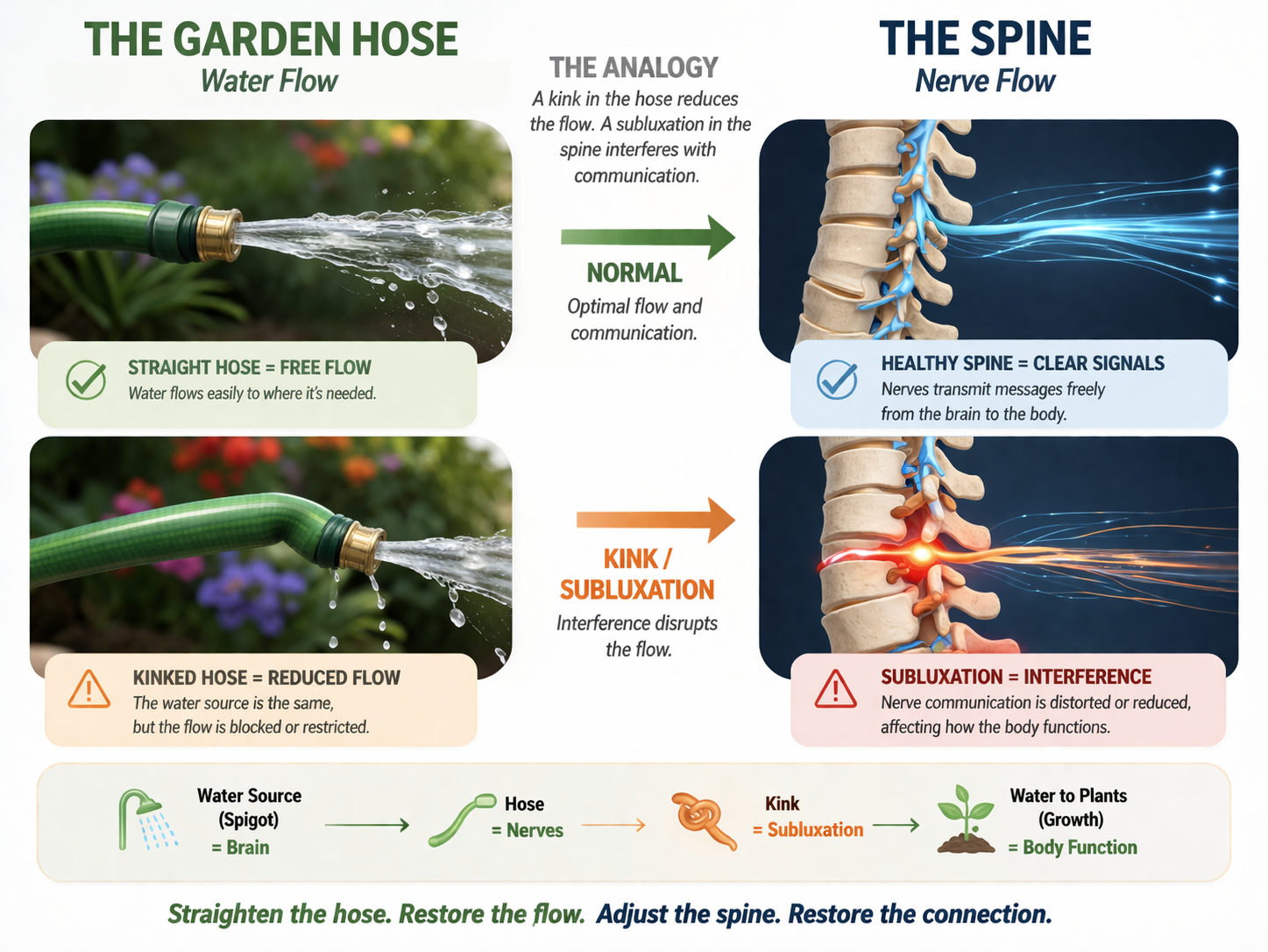 Subluxation analogy: garden hose kink vs nerve flow in the spine